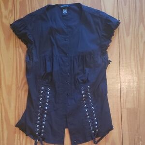 Moda International Black Button-Front Blouse with Lace-Up Sides